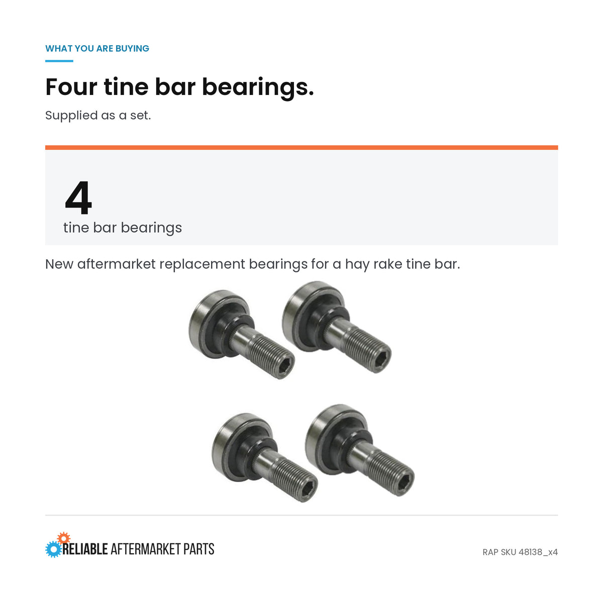 48138 TB7623 Tine Bar Bearing Set of 4 Fits New Holland Vermeer Hay Rake