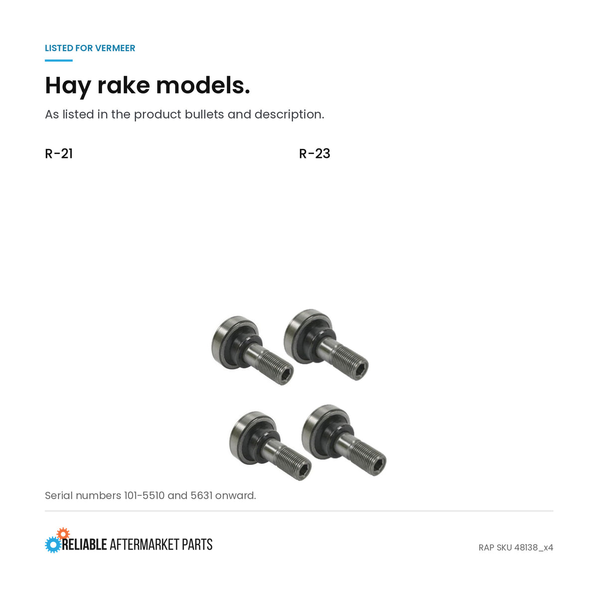 48138 TB7623 Tine Bar Bearing Set of 4 Fits New Holland Vermeer Hay Rake
