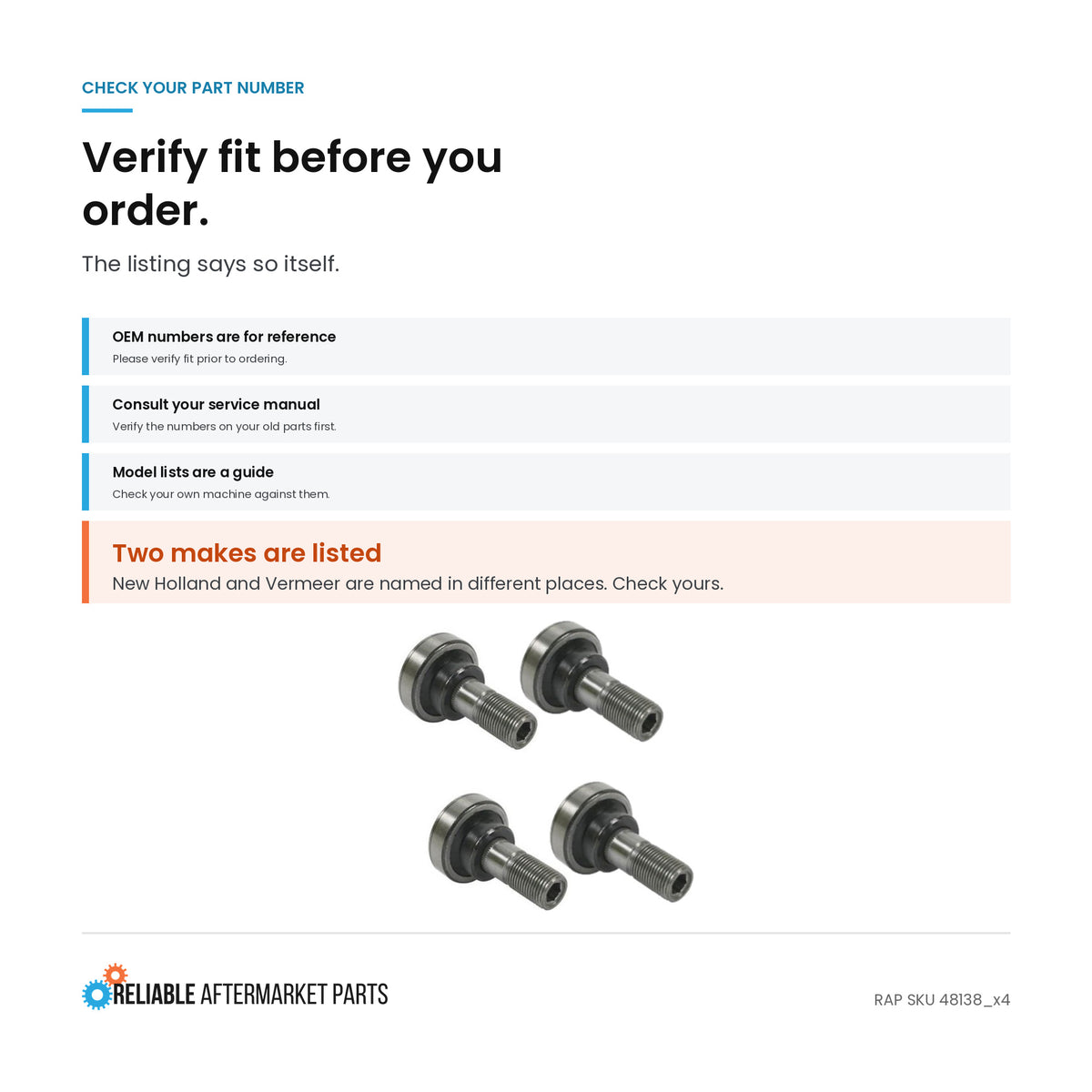 48138 TB7623 Tine Bar Bearing Set of 4 Fits New Holland Vermeer Hay Rake