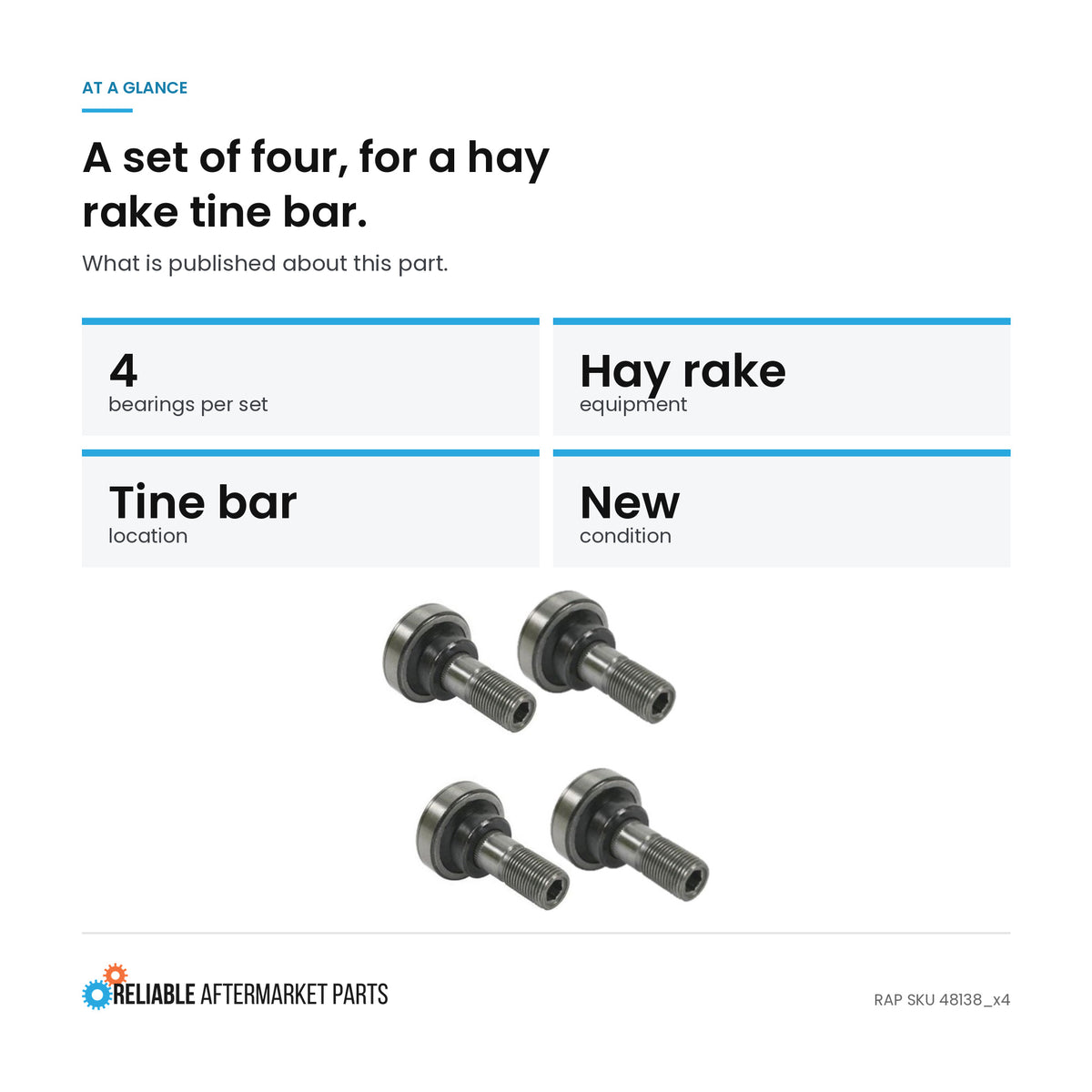 48138 TB7623 Tine Bar Bearing Set of 4 Fits New Holland Vermeer Hay Rake