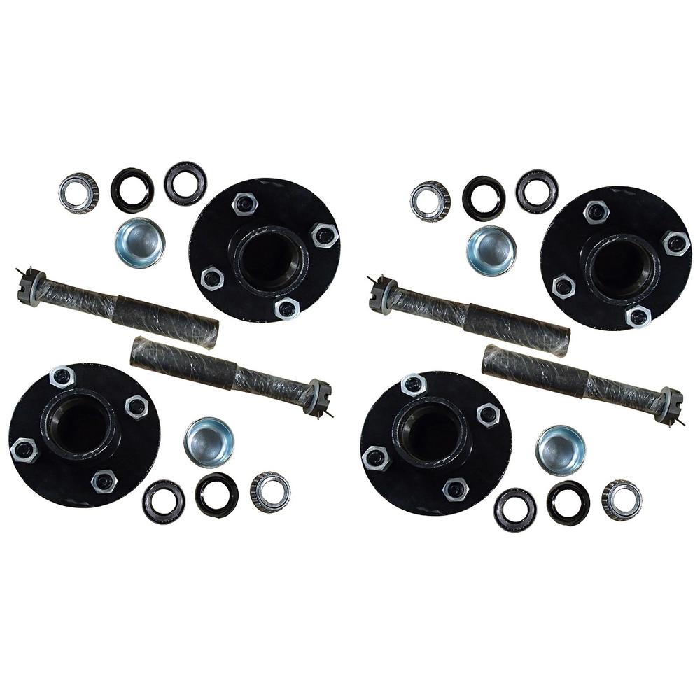 (Pack of 4) Trailer Axle Kit with Hubs, Spindles, Grease Seals, Caps & Bearings