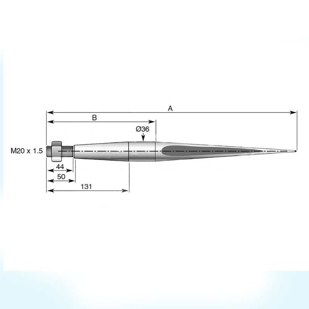 Straight 600mm SHW Hay Bale Spear M20 x 1.5" w/ Nut 1500 lb. Capacity