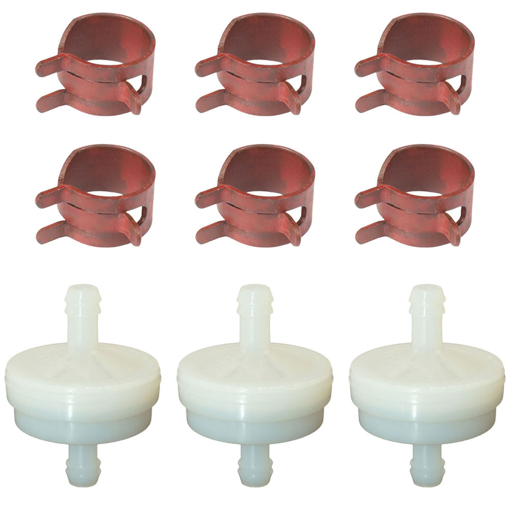 3 Fuel Filters and 6 Red Hose Clamps Fits Briggs and Stratton Replaces 394358