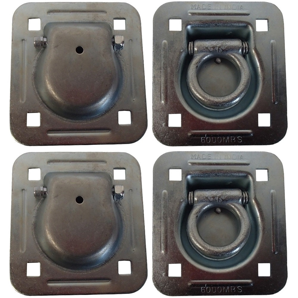 4 Pack Chain Rope Tie Down Trailer 4-Bolt Steel Recessed D-Ring 6000# MBS Rated