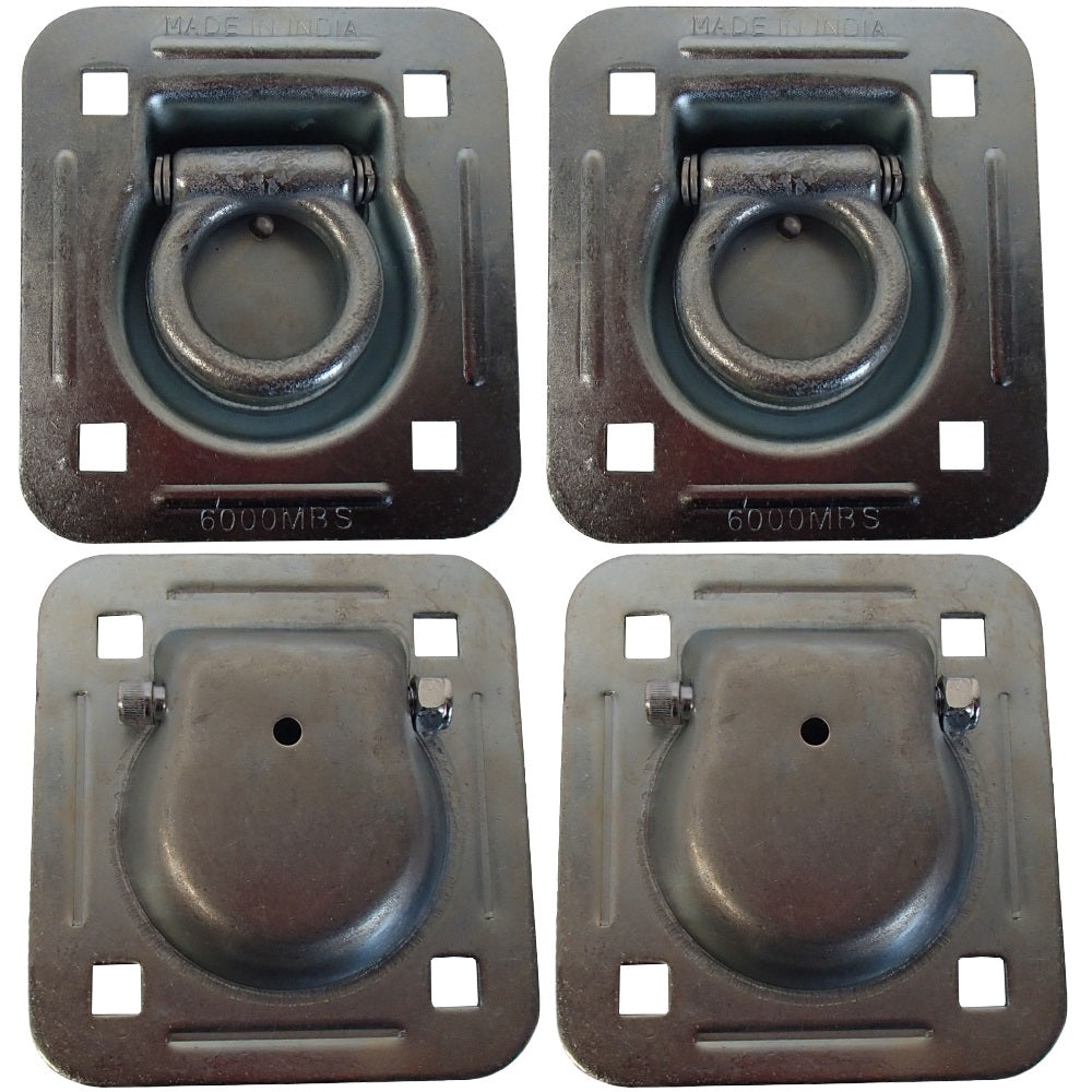 4 Pack Chain Rope Tie Down Trailer 4-Bolt Steel Recessed D-Ring 6000# MBS Rated